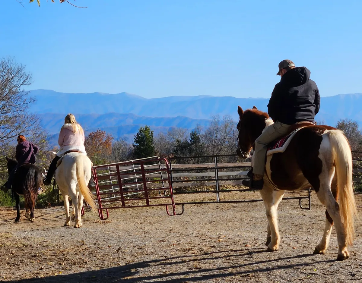 This image captures several horseback riders traversing a meadow with a dramatic mountain backdrop. The scene is filled with adventure, showcasing both the thrill of horseback riding and the stunning natural beauty of the Smoky Mountains. The expansive sky and the presence of horses evoke a sense of freedom and connection to nature.